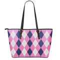 Pink Blue And White Argyle Pattern Print Leather Tote Bag With Zipper