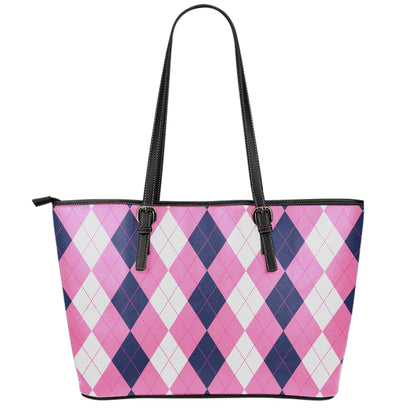 Pink Blue And White Argyle Pattern Print Leather Tote Bag