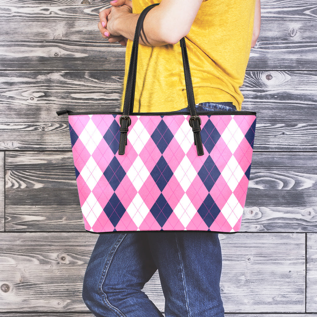 Pink Blue And White Argyle Pattern Print Leather Tote Bag