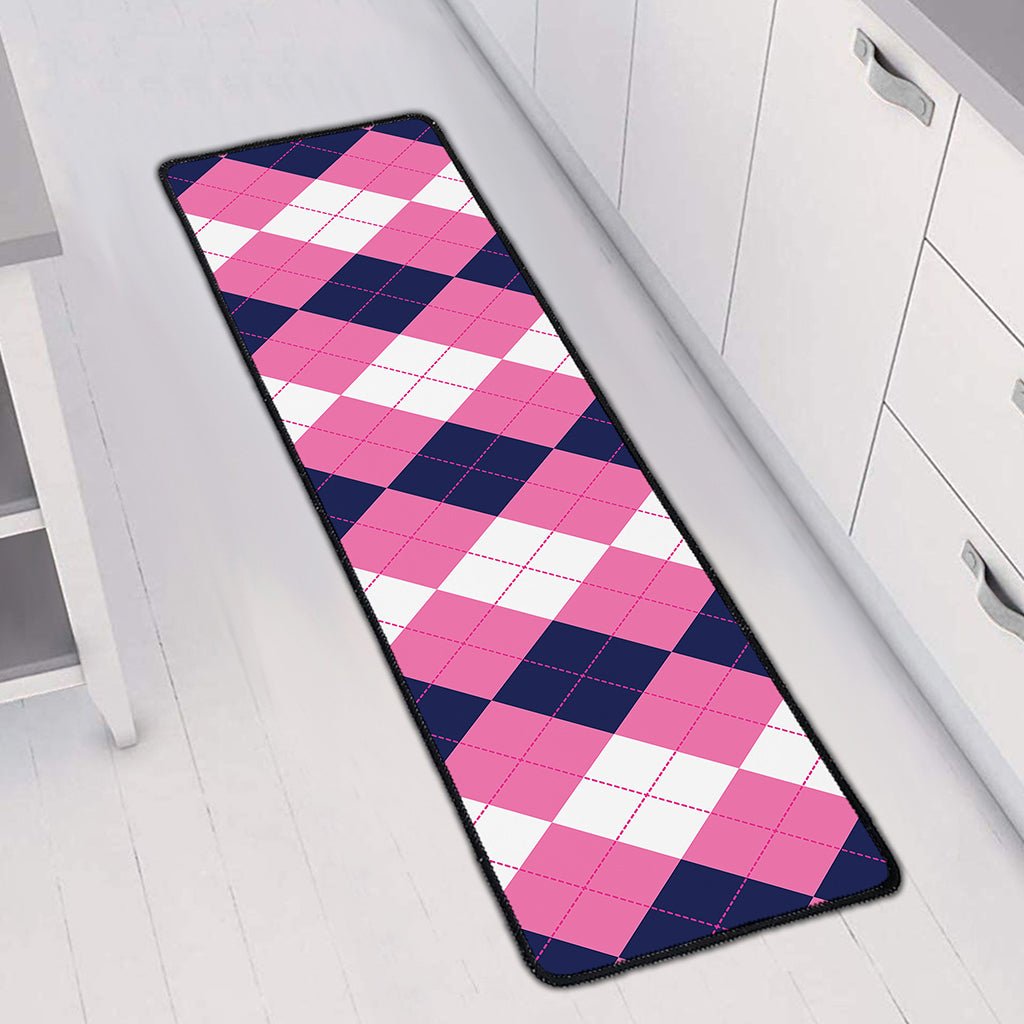 Pink Blue And White Argyle Pattern Print Long Kitchen Mat