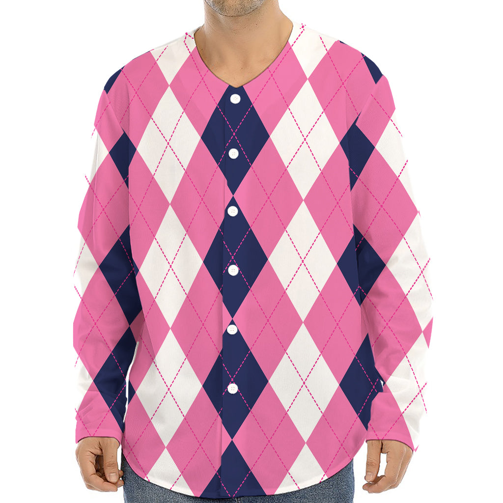 Pink Blue And White Argyle Pattern Print Long Sleeve Baseball Jersey