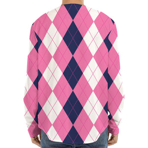 Pink Blue And White Argyle Pattern Print Long Sleeve Baseball Jersey