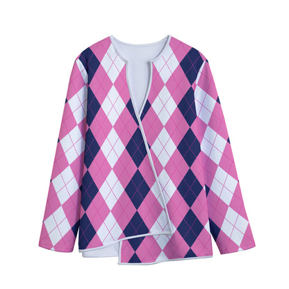 Pink Blue And White Argyle Pattern Print Long Sleeve Short Coat