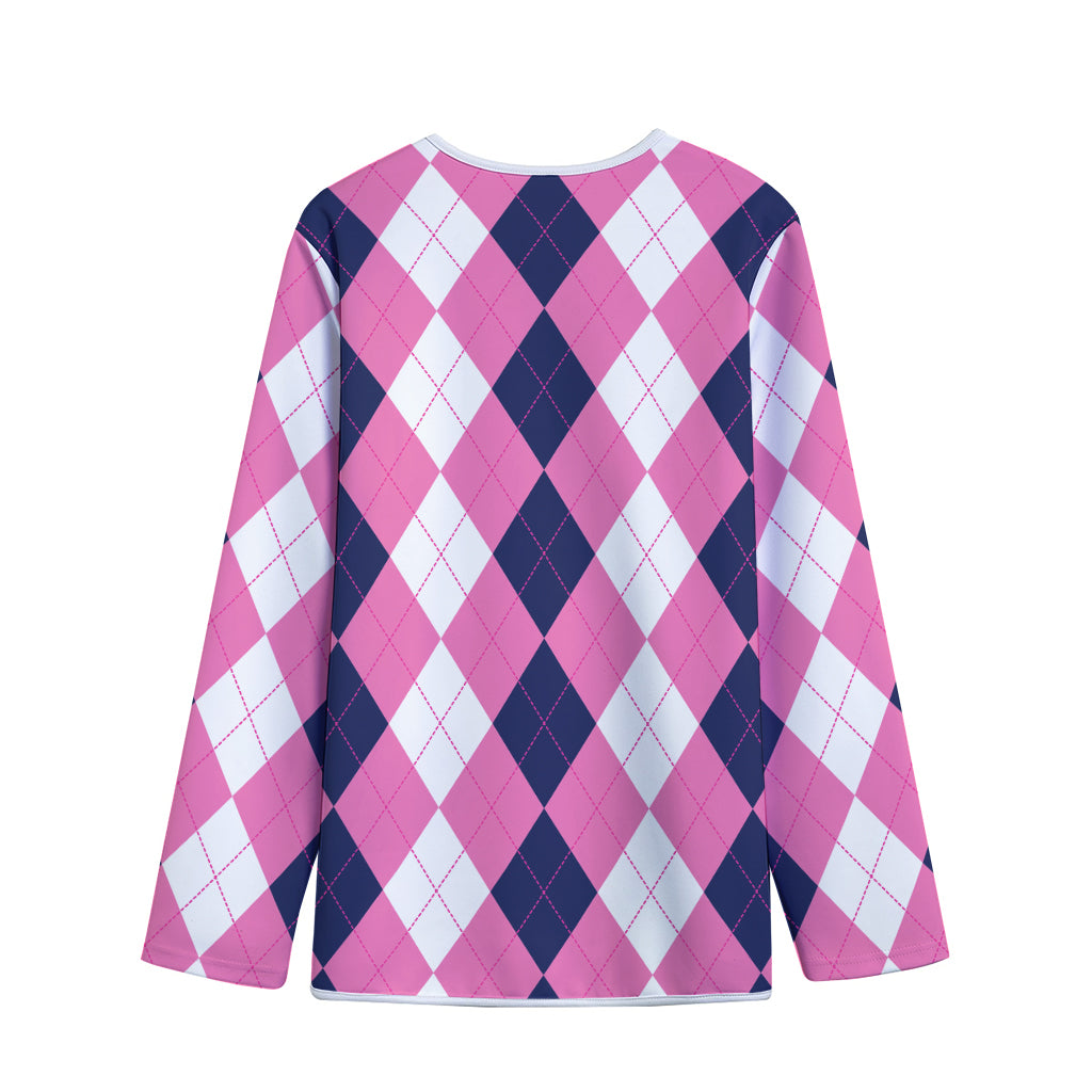 Pink Blue And White Argyle Pattern Print Long Sleeve Short Coat