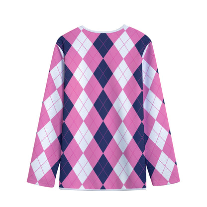 Pink Blue And White Argyle Pattern Print Long Sleeve Short Coat