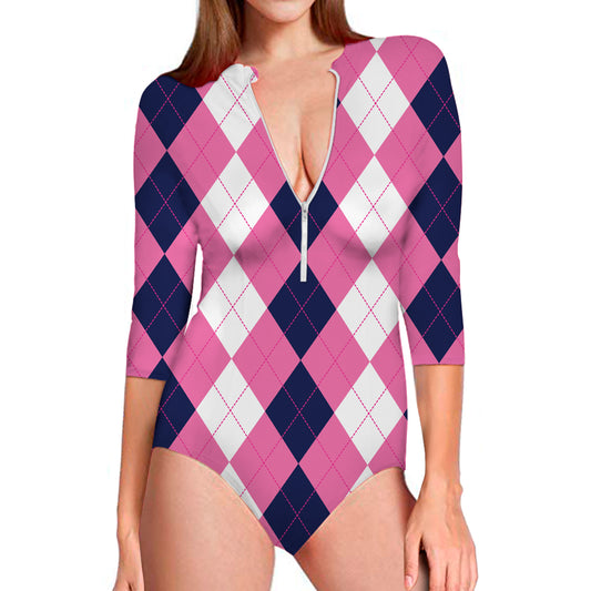 Pink Blue And White Argyle Pattern Print Long Sleeve Swimsuit