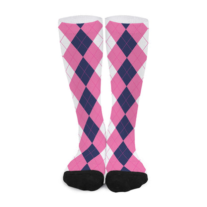 Pink Blue And White Argyle Pattern Print Long Socks