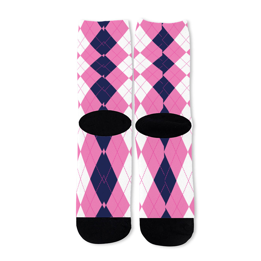 Pink Blue And White Argyle Pattern Print Long Socks