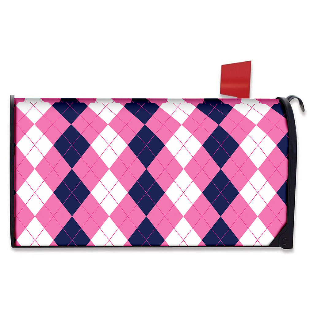 Pink Blue And White Argyle Pattern Print Mailbox Cover