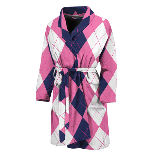Pink Blue And White Argyle Pattern Print Men's Bathrobe