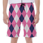 Pink Blue And White Argyle Pattern Print Men's Beach Shorts