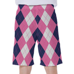 Pink Blue And White Argyle Pattern Print Men's Beach Shorts