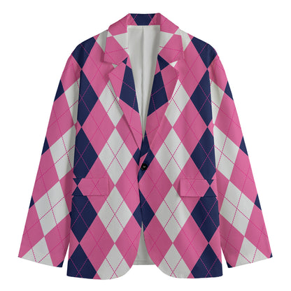 Pink Blue And White Argyle Pattern Print Men's Blazer
