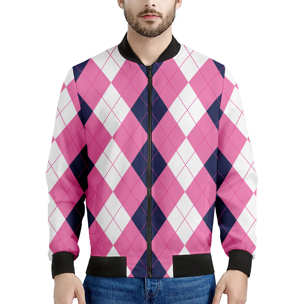 Pink Blue And White Argyle Pattern Print Men's Bomber Jacket
