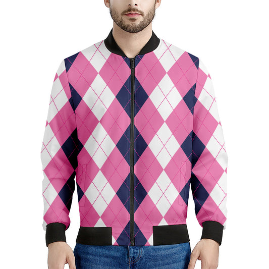Pink Blue And White Argyle Pattern Print Men's Bomber Jacket