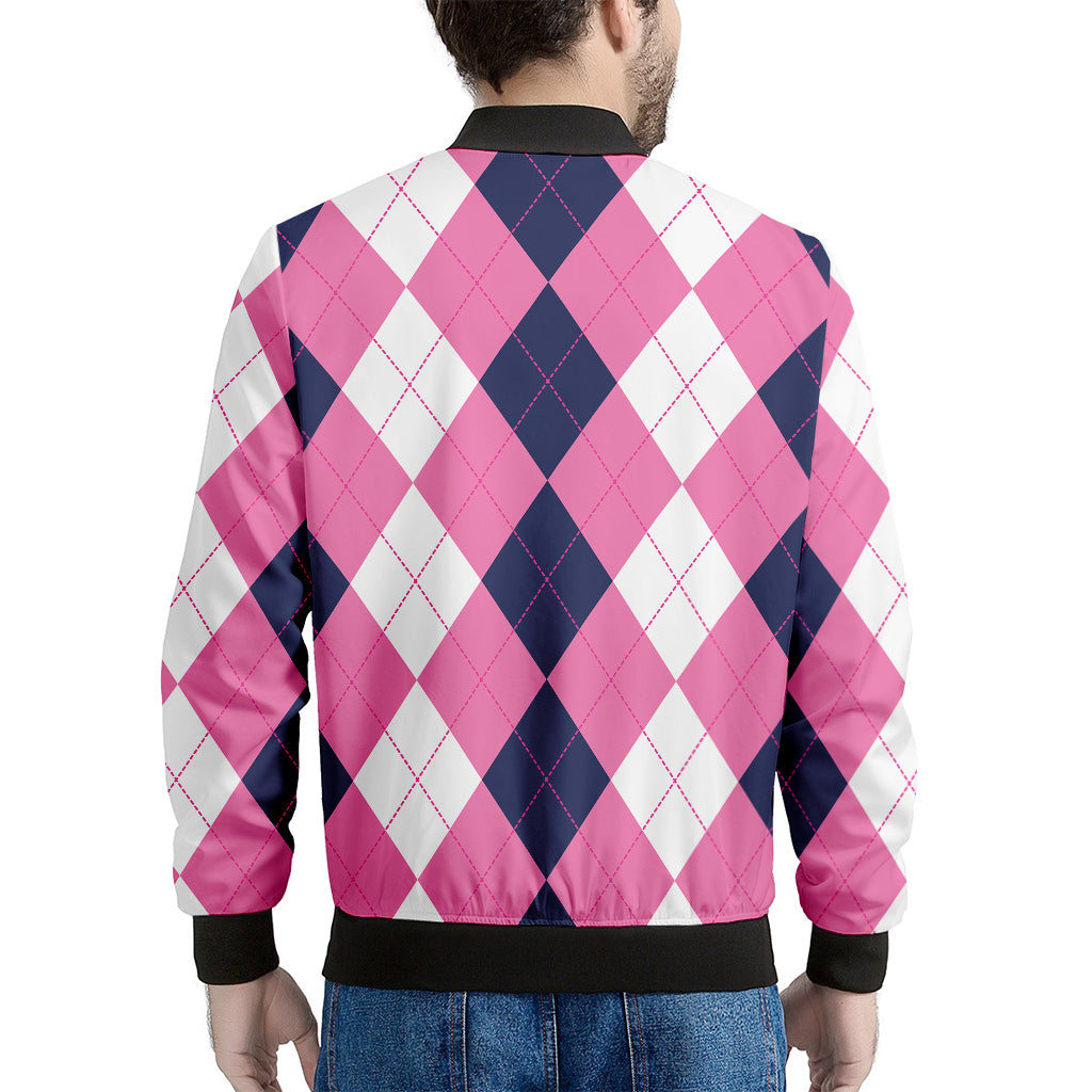 Pink Blue And White Argyle Pattern Print Men's Bomber Jacket