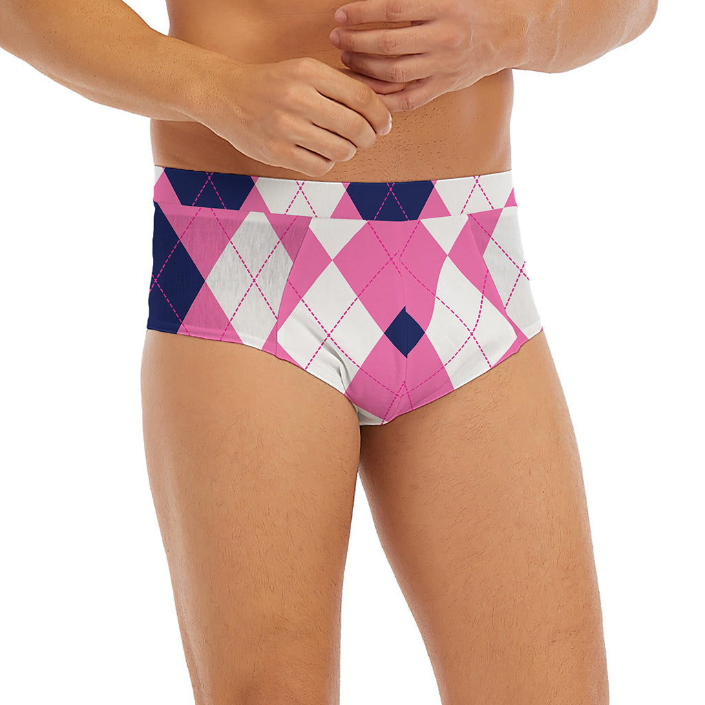 Pink Blue And White Argyle Pattern Print Men's Briefs