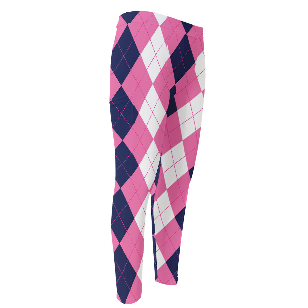 Pink Blue And White Argyle Pattern Print Men's Compression Pants