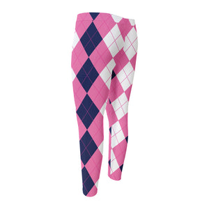 Pink Blue And White Argyle Pattern Print Men's Compression Pants