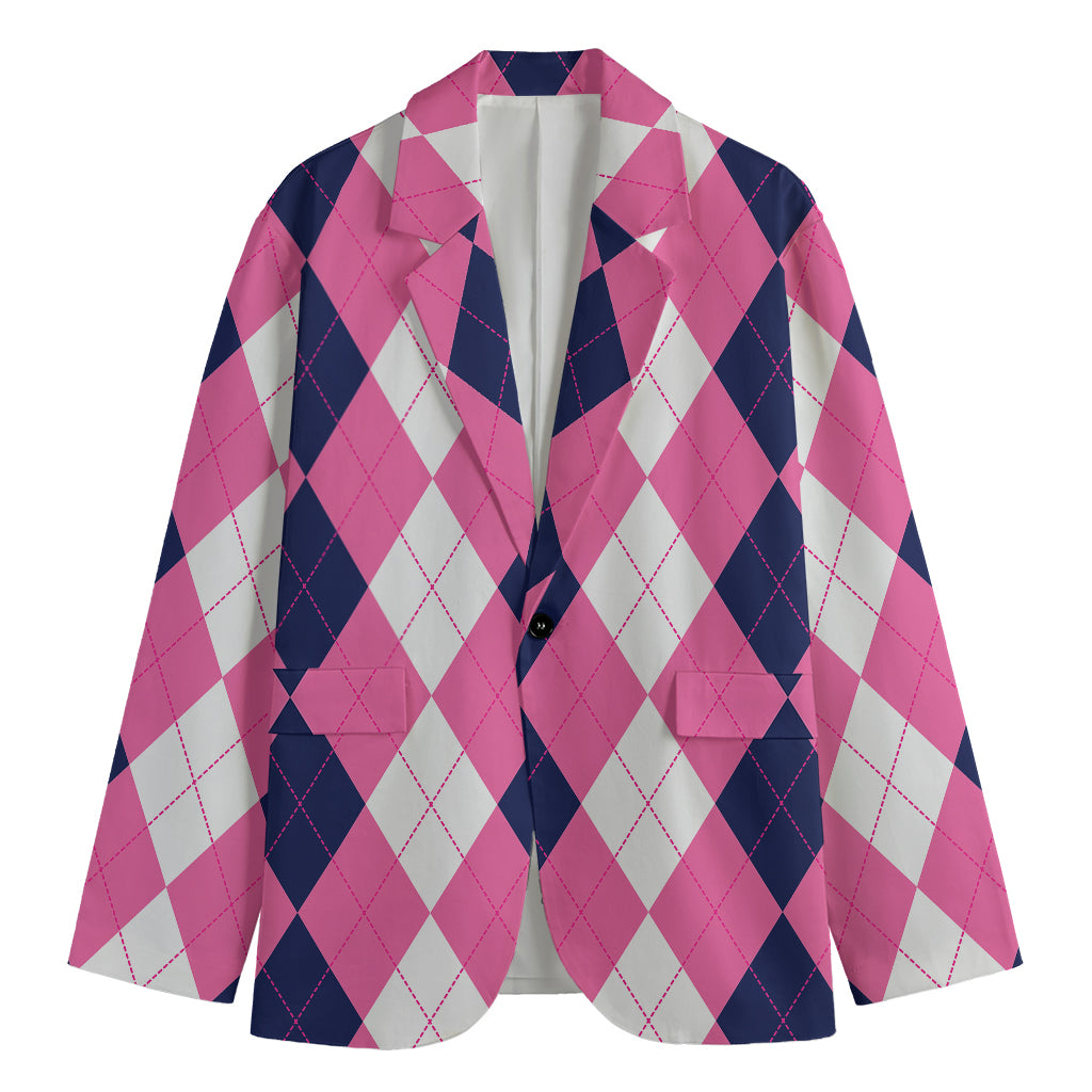 Pink Blue And White Argyle Pattern Print Men's Cotton Blazer