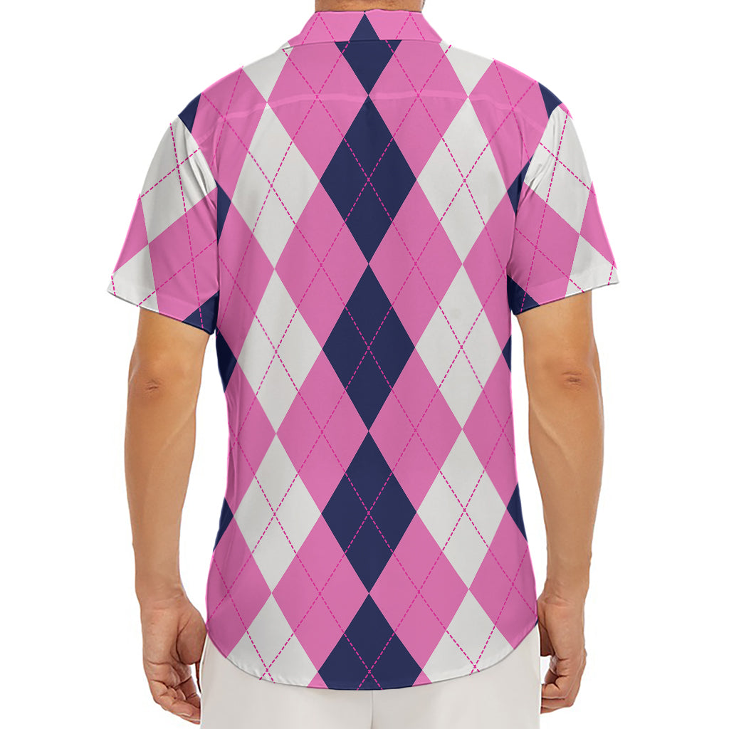 Pink Blue And White Argyle Pattern Print Men's Deep V-Neck Shirt