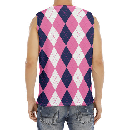 Pink Blue And White Argyle Pattern Print Men's Fitness Tank Top