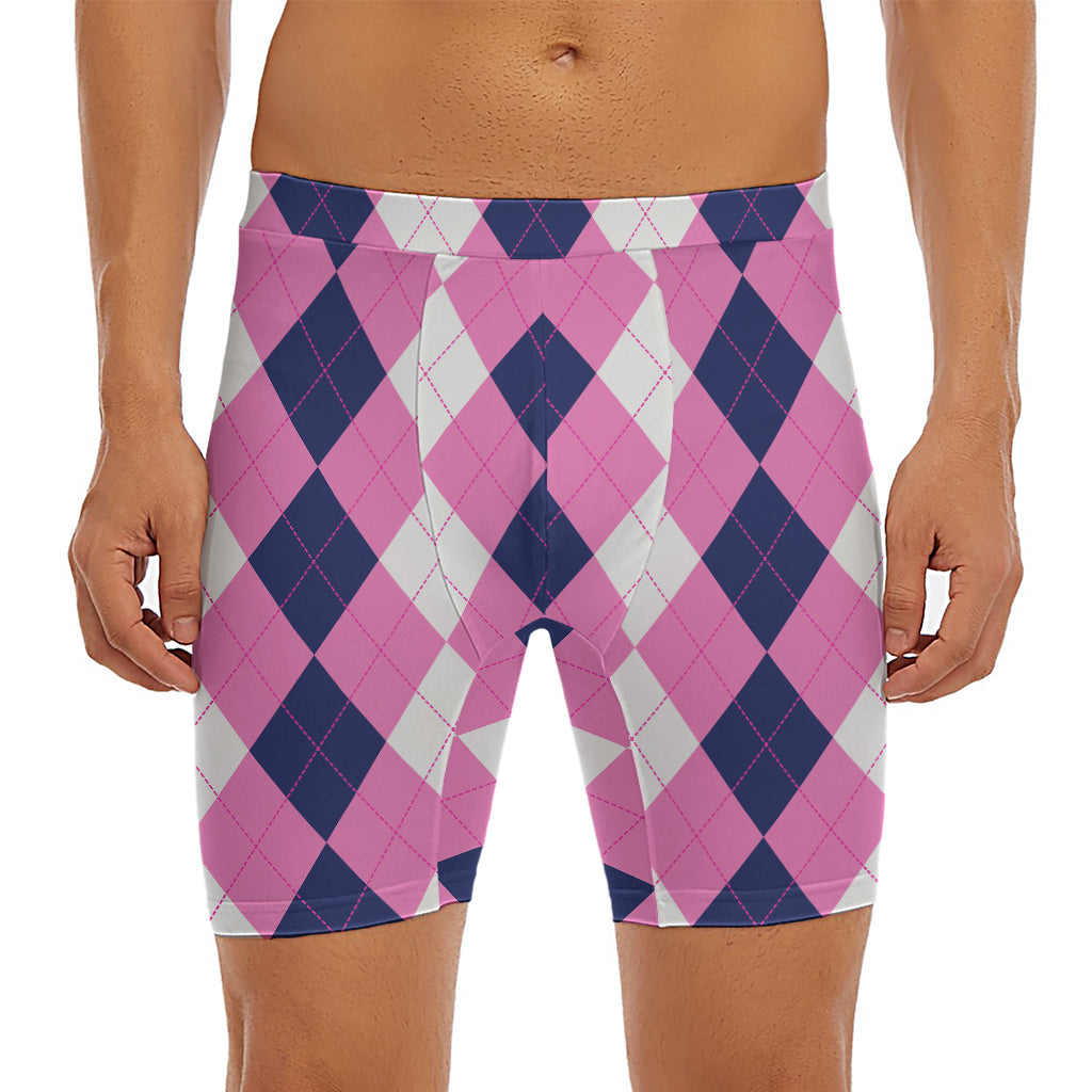 Pink Blue And White Argyle Pattern Print Men's Long Boxer Briefs