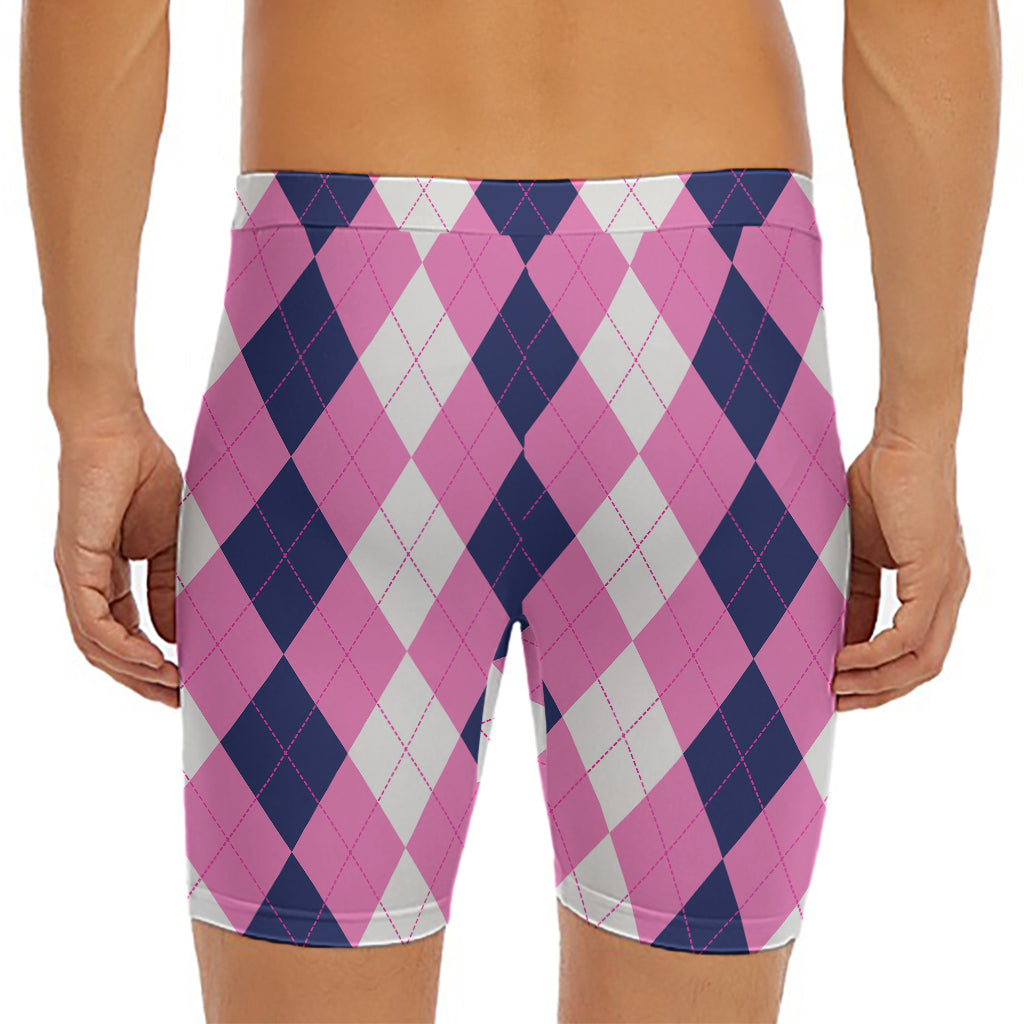 Pink Blue And White Argyle Pattern Print Men's Long Boxer Briefs