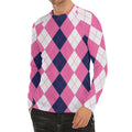 Pink Blue And White Argyle Pattern Print Men's Long Sleeve Rash Guard