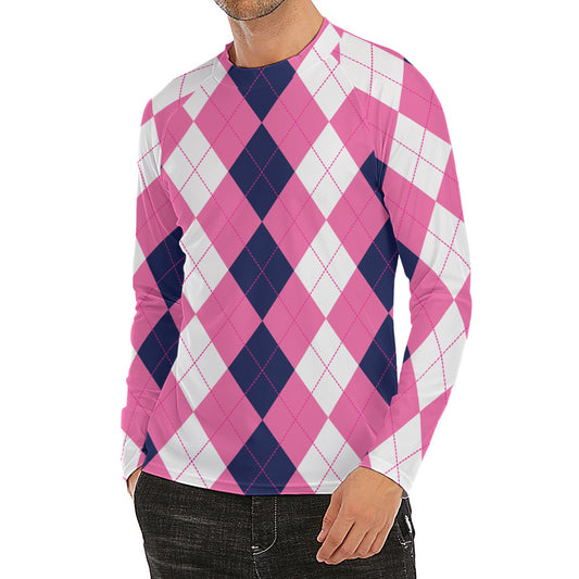 Pink Blue And White Argyle Pattern Print Men's Long Sleeve Rash Guard