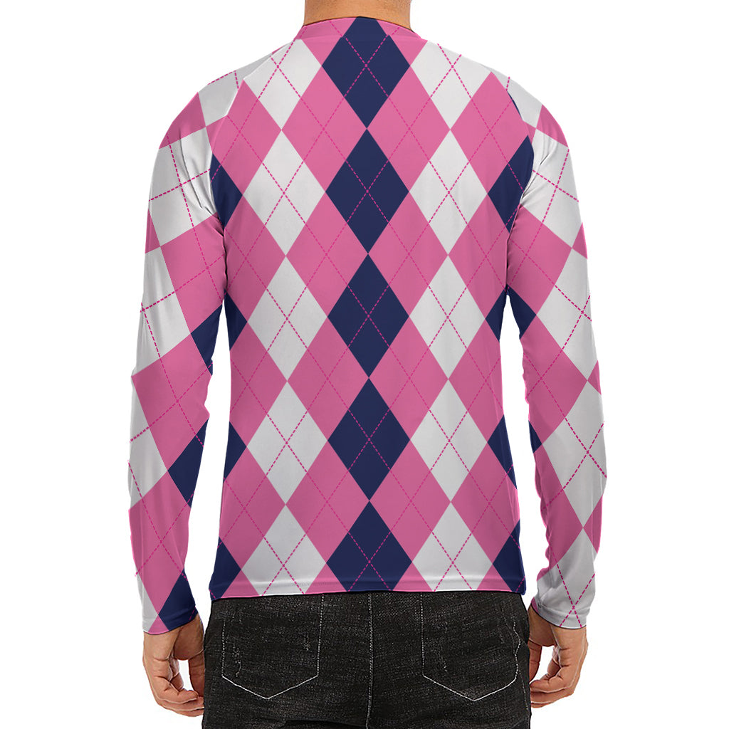 Pink Blue And White Argyle Pattern Print Men's Long Sleeve Rash Guard