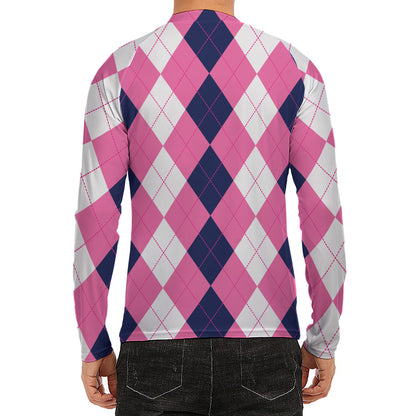 Pink Blue And White Argyle Pattern Print Men's Long Sleeve Rash Guard