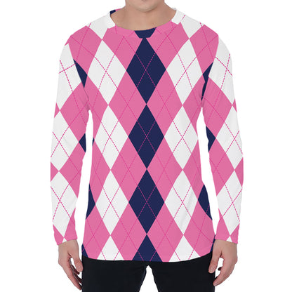 Pink Blue And White Argyle Pattern Print Men's Long Sleeve T-Shirt