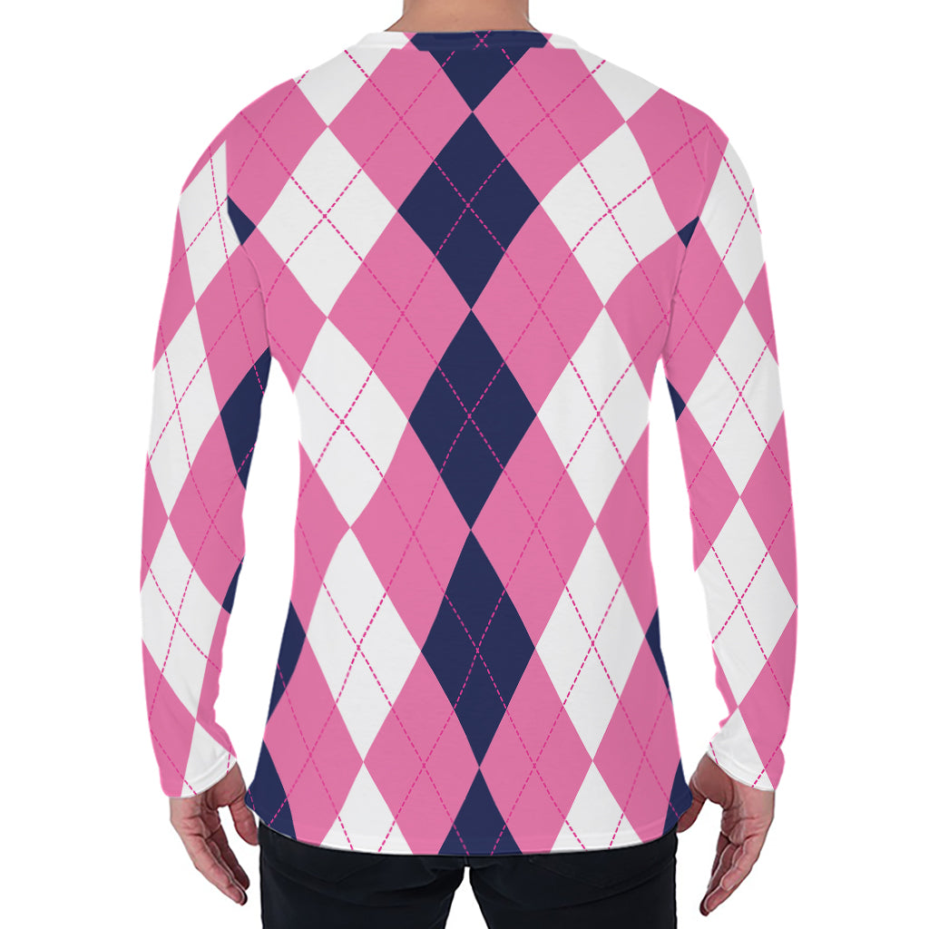 Pink Blue And White Argyle Pattern Print Men's Long Sleeve T-Shirt