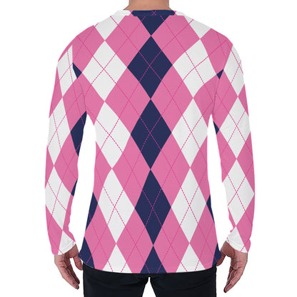 Pink Blue And White Argyle Pattern Print Men's Long Sleeve T-Shirt