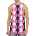 Pink Blue And White Argyle Pattern Print Men's Muscle Tank Top