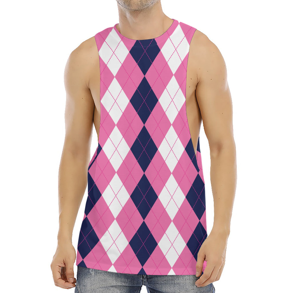 Pink Blue And White Argyle Pattern Print Men's Muscle Tank Top