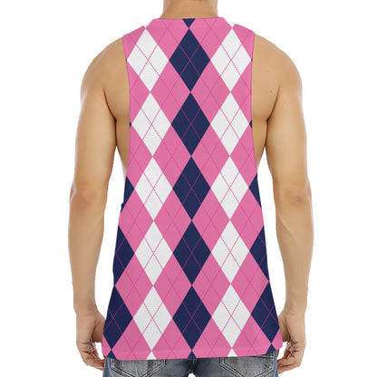Pink Blue And White Argyle Pattern Print Men's Muscle Tank Top
