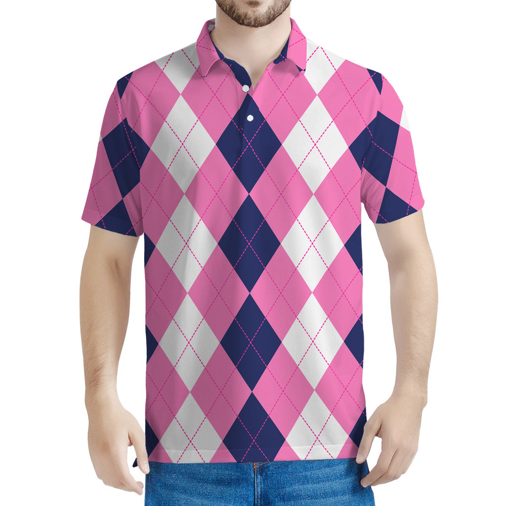 Pink Blue And White Argyle Pattern Print Men's Polo Shirt