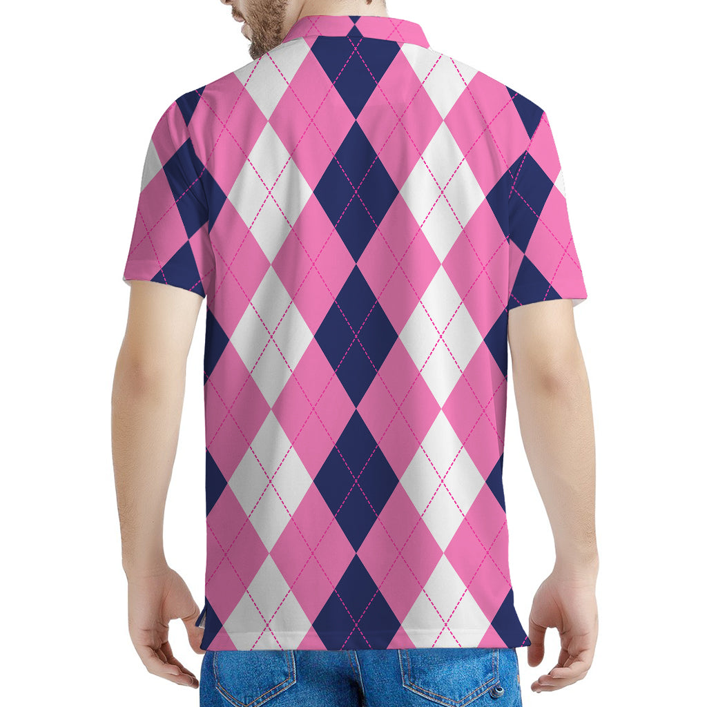 Pink Blue And White Argyle Pattern Print Men's Polo Shirt