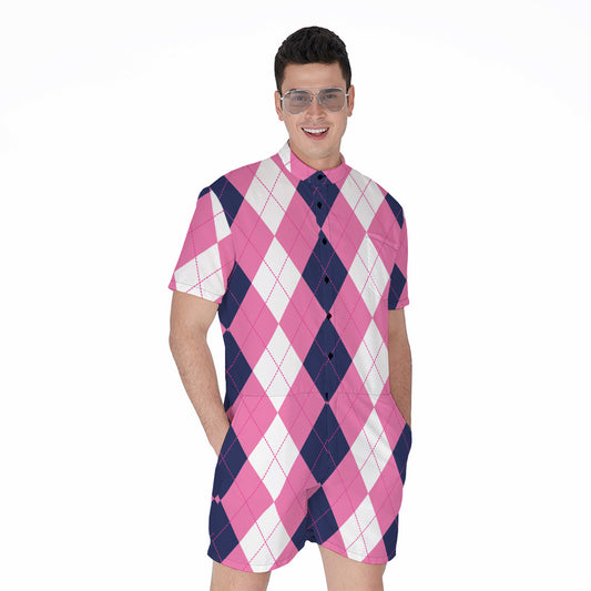 Pink Blue And White Argyle Pattern Print Men's Rompers