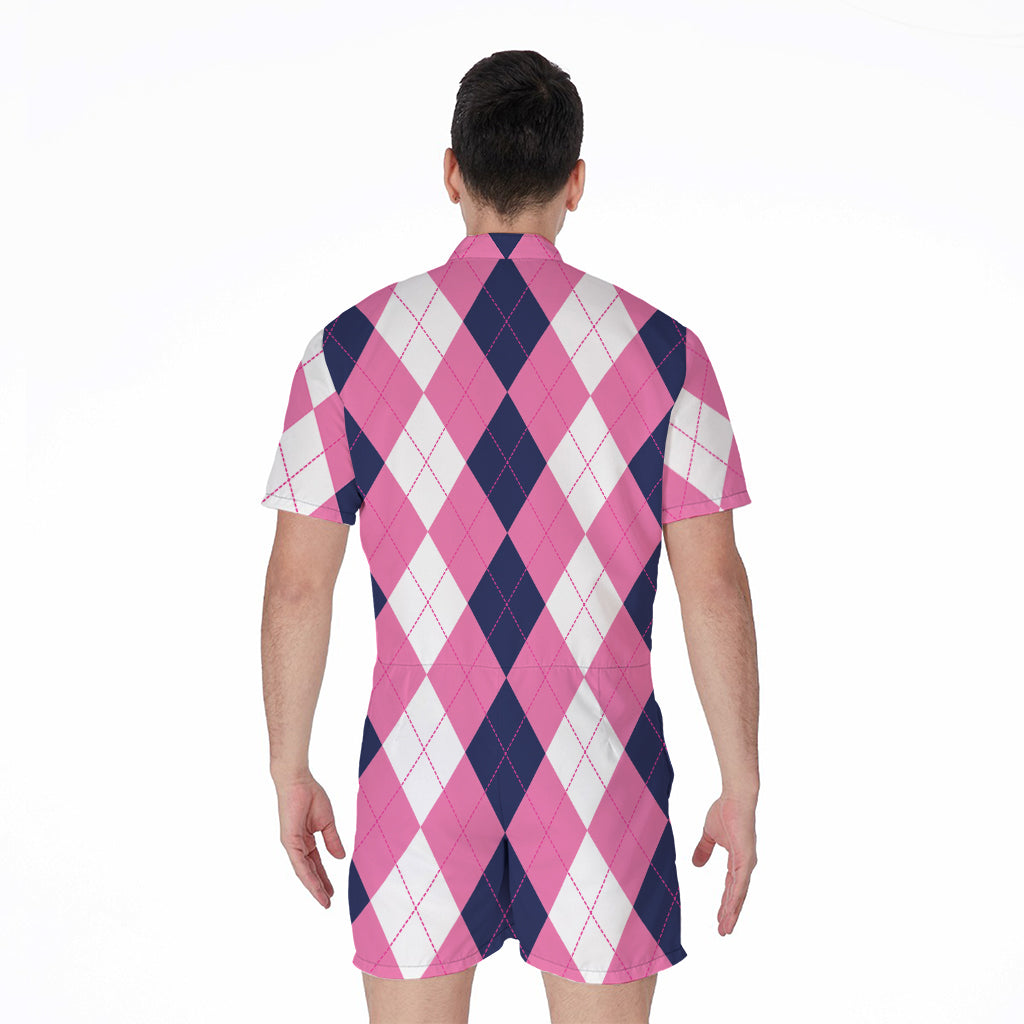 Pink Blue And White Argyle Pattern Print Men's Rompers