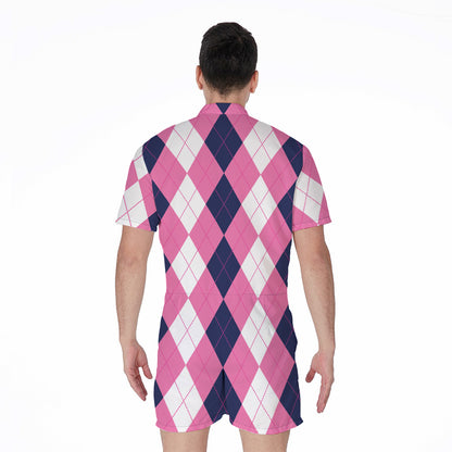 Pink Blue And White Argyle Pattern Print Men's Rompers