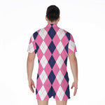 Pink Blue And White Argyle Pattern Print Men's Rompers