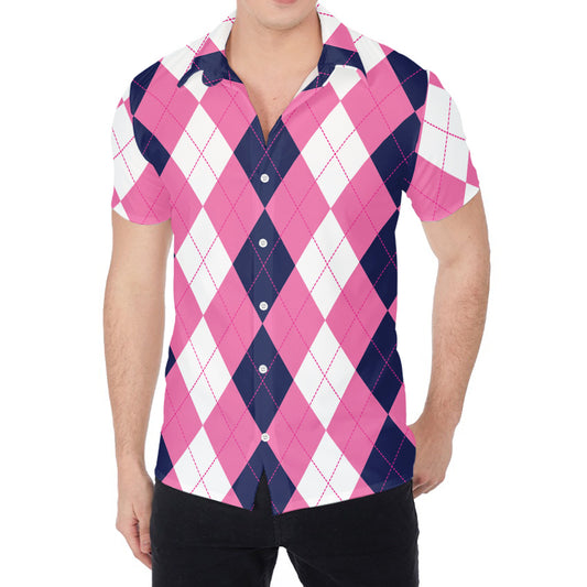 Pink Blue And White Argyle Pattern Print Men's Shirt