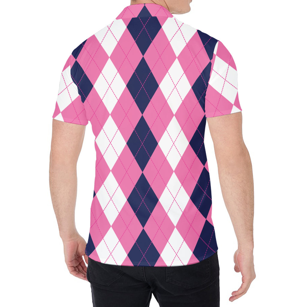 Pink Blue And White Argyle Pattern Print Men's Shirt