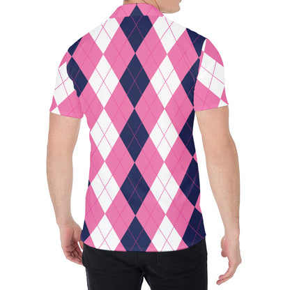 Pink Blue And White Argyle Pattern Print Men's Shirt