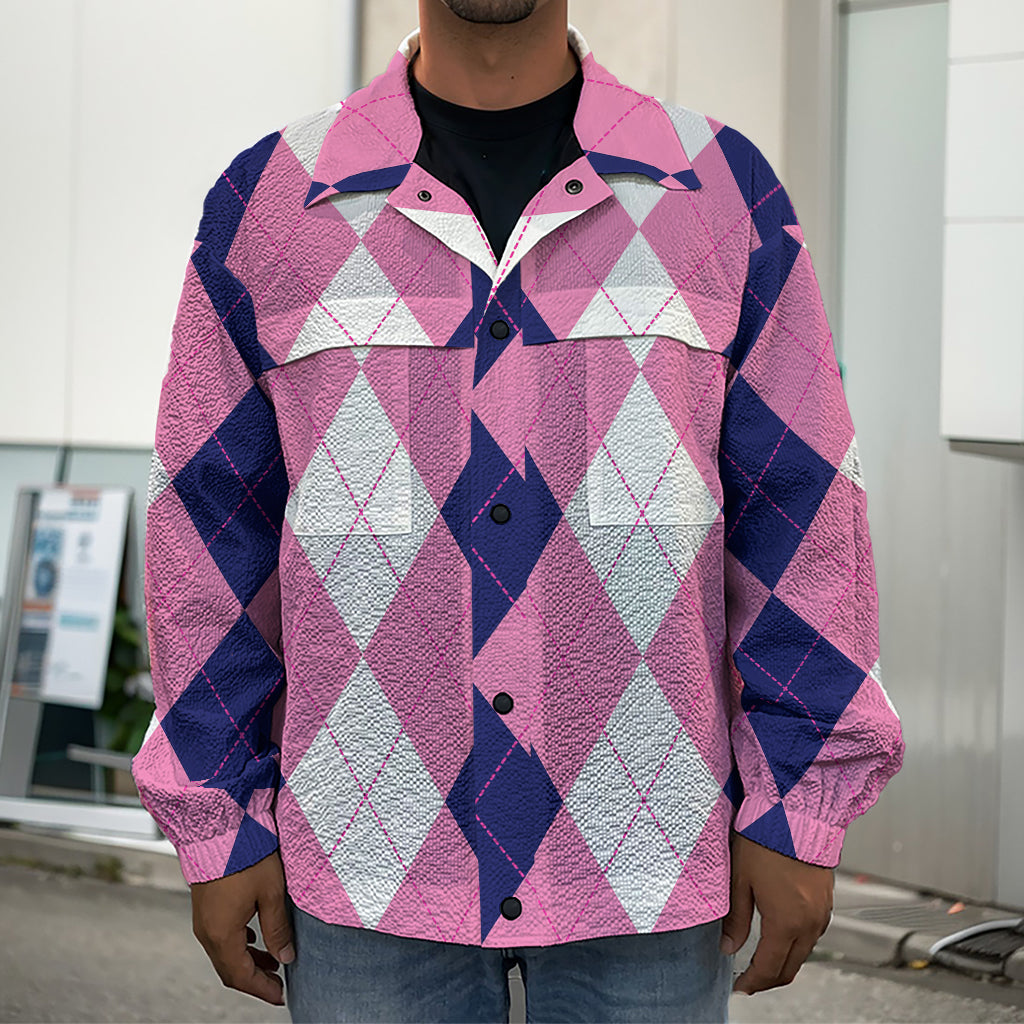 Pink Blue And White Argyle Pattern Print Men's Shirt Jacket