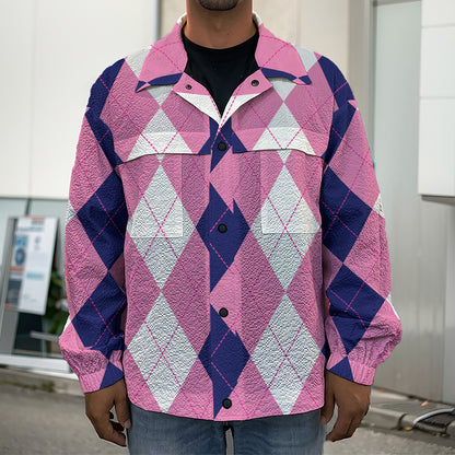 Pink Blue And White Argyle Pattern Print Men's Shirt Jacket