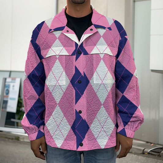 Pink Blue And White Argyle Pattern Print Men's Shirt Jacket